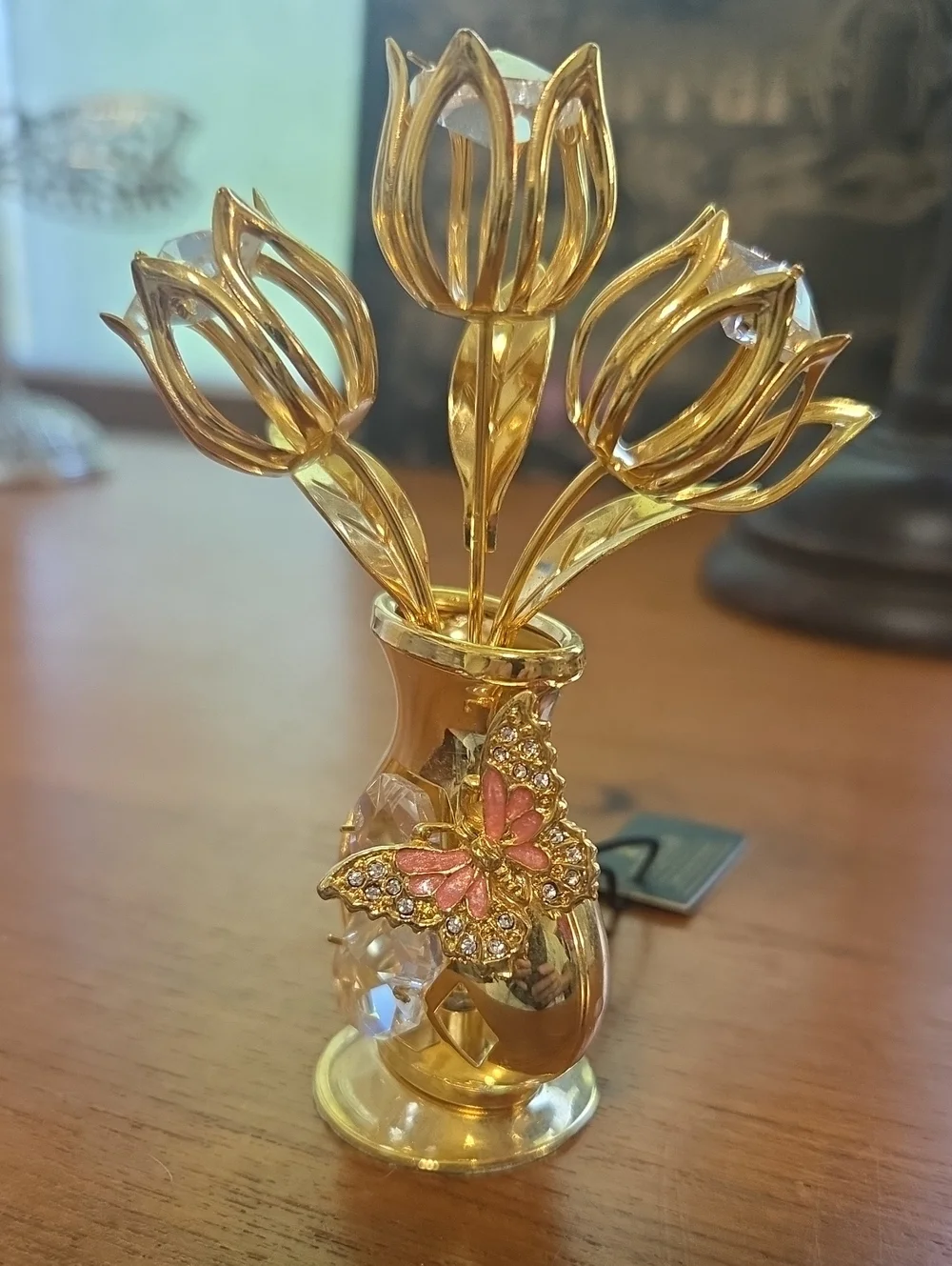 24K Gold Plated Tulip Crystal Accent Vase with Butterfly